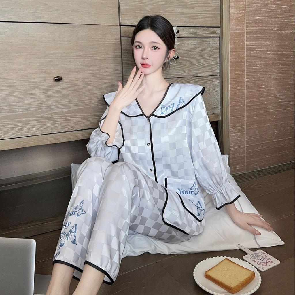 Ice silk jacquard autumn new pajamas women's high-end bow long-sleeved court style girl home clothes Xiaoxiangfeng