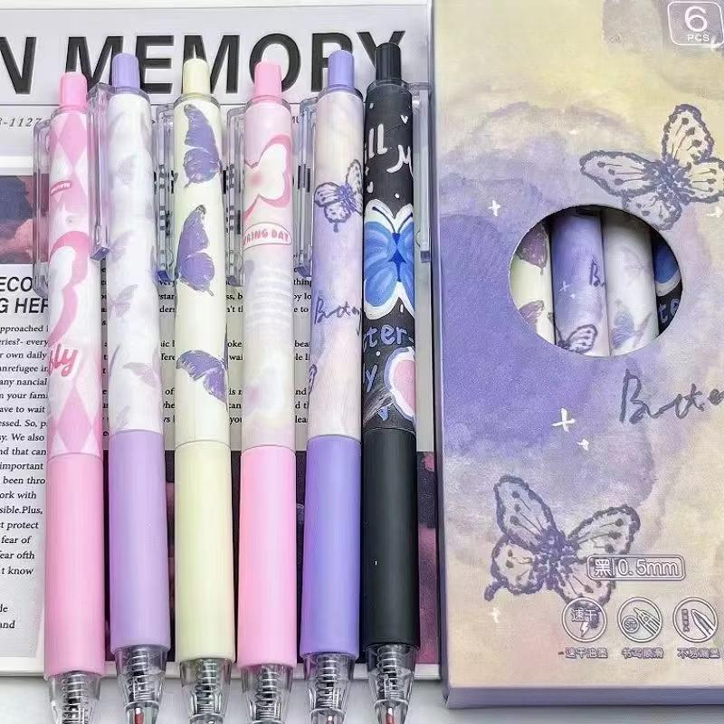 6Pcs Cute Butterfly Gel Pens Aesthetic Stationary Pens Kawaii Pen Stationery0.5 Mm Quick-drying Black Ink Pens Fine Point