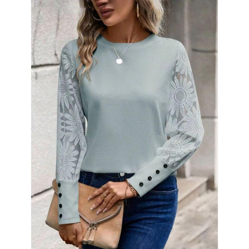 Women Winter Button Solid Color Long Sleeved Women Pullover Round Collar Jacquard Black Shirts Comfortable Flowers Woman Clothes