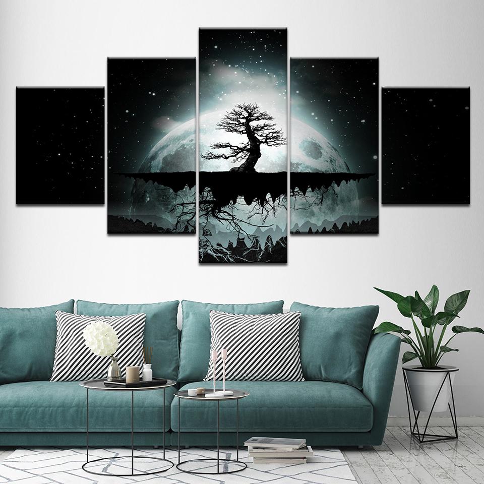 Canvas Painting Tree in larger moon 5 Pieces Wall Art Painting Modular Wallpapers Poster Print for living room Home Decor
