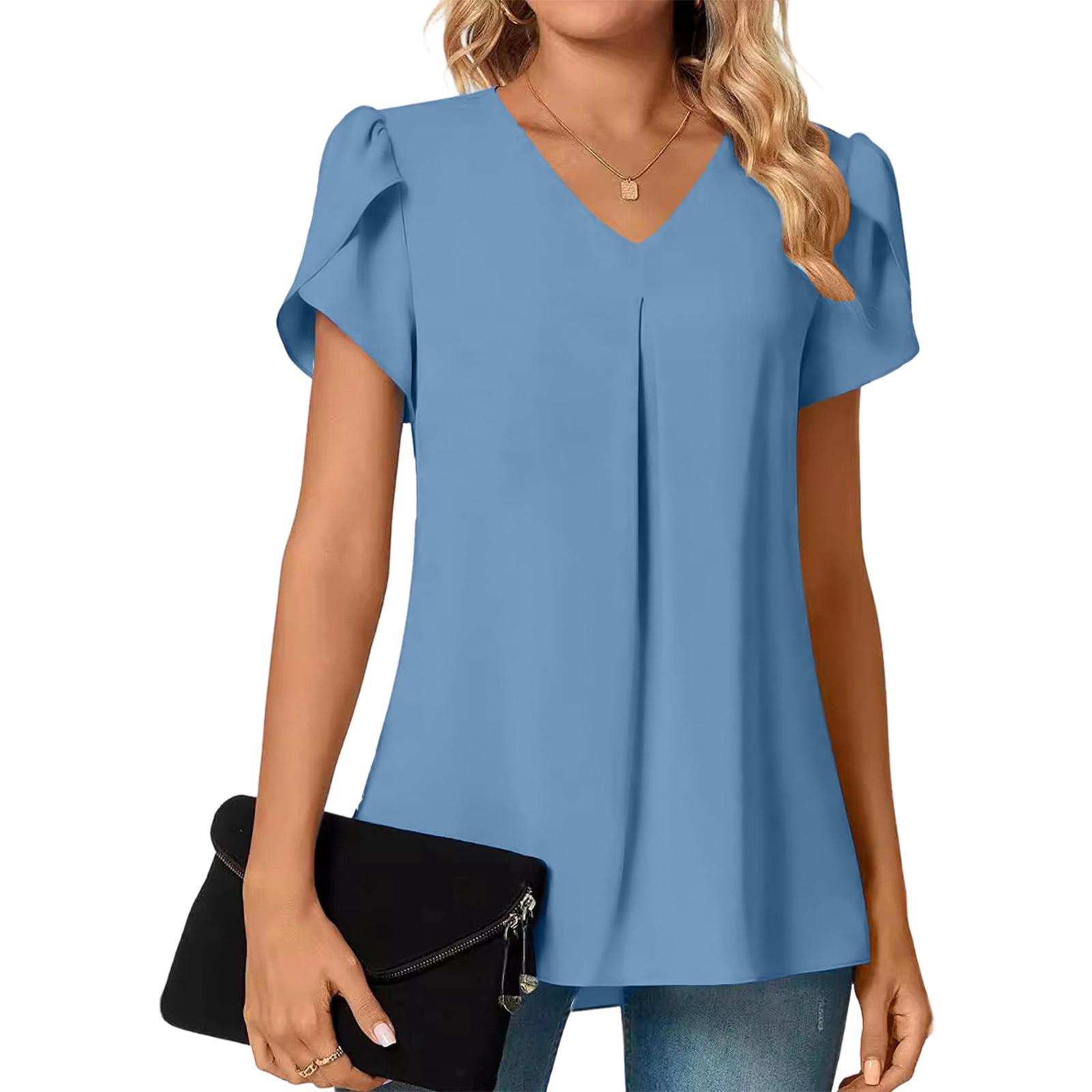 Women s Fashion Casual V-neck Sleeve Short-sleeve Blouse L синий