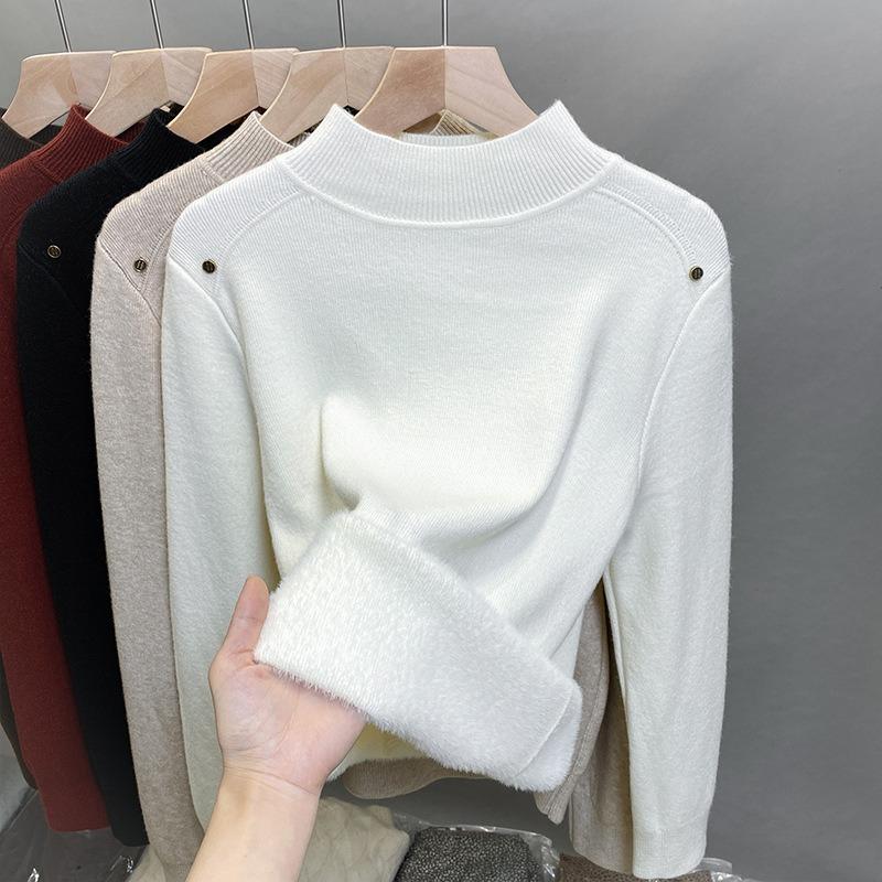 One-piece Fleece Semi-turtleneck Sweater Women's Fleece Thickened Bottoming Shirt Autumn and Winter New Knitted Sweater with Top Tide