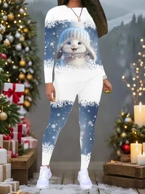 Women's Christmas Print 2-Piece Outfit: Long Sleeve Crew Neck Top & Pants, Holiday Limited Casual Party Gift Suit