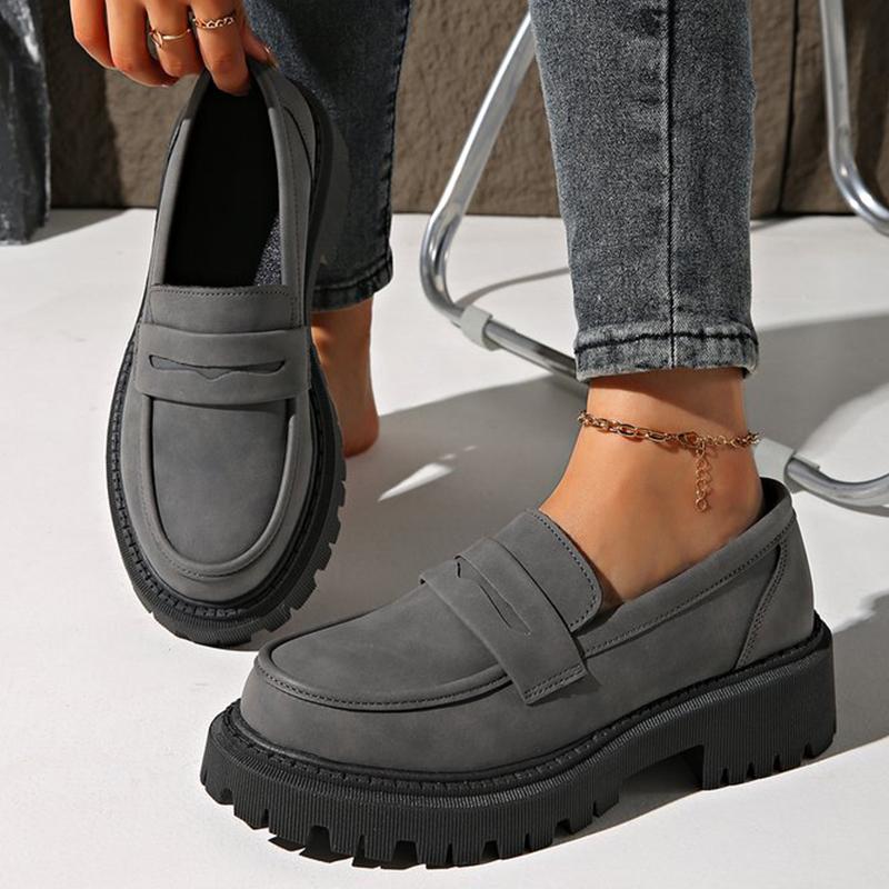Fashion Basic Gray Faux Suede Loafers Shoes Women Slip On Round Toe Loafers Shoes Woman Spring Autumn Plus Size Platform Shoes Ladies