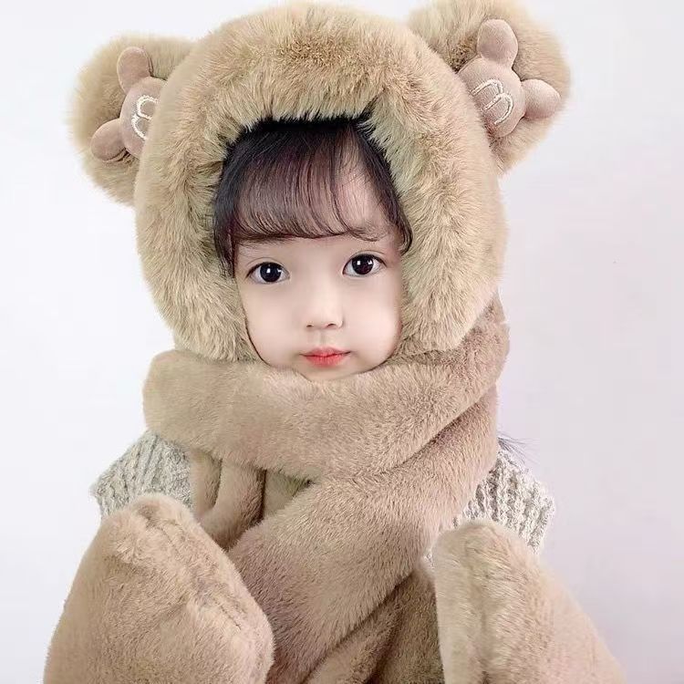 Winter Warm Plush Bear Hat Scarf Gloves Hat Plush Thickened Three-piece Set Scarf Integrated