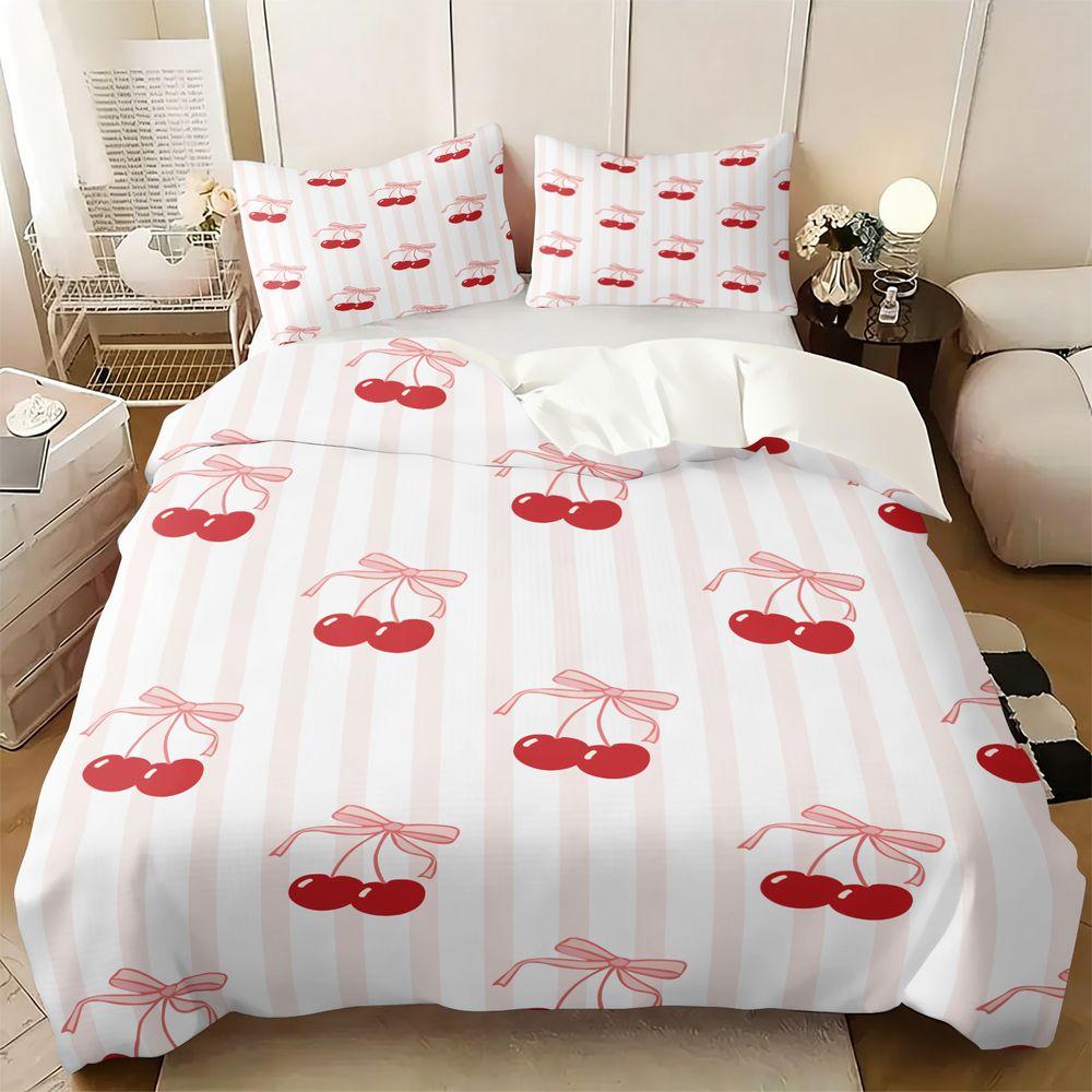Ensemble de housse de couette avec imprimé nœud cerise mignon 2/3 pièces (1 Housse de couette & 1 Taie d'oreiller) Ensemble de literie esthétique doux pour la décoration de la chambre des filles US King-228x264cm