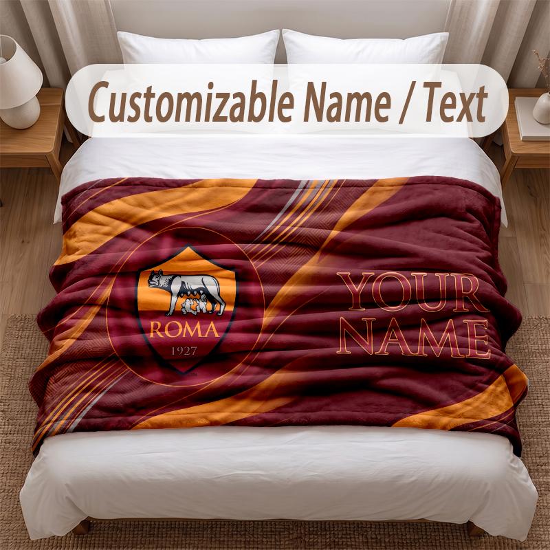 AS Roma FC Printed Flannel Blanket Custom Name Text Soft Warm Throw For Bedroom Holiday Gift