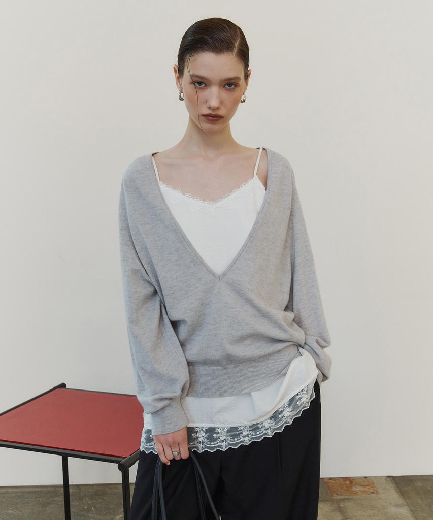 SIYAZU Sikn2202 Soft Wool Deep V-Neck Knit_Light Gray
