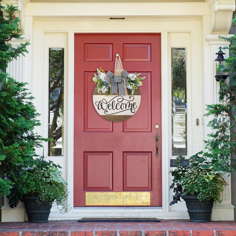 Holz Willkommensschild Blumengirlande Anhänger zur Aufhängung für Haustür Wand Gartenbrett mit Schleifendekorationen