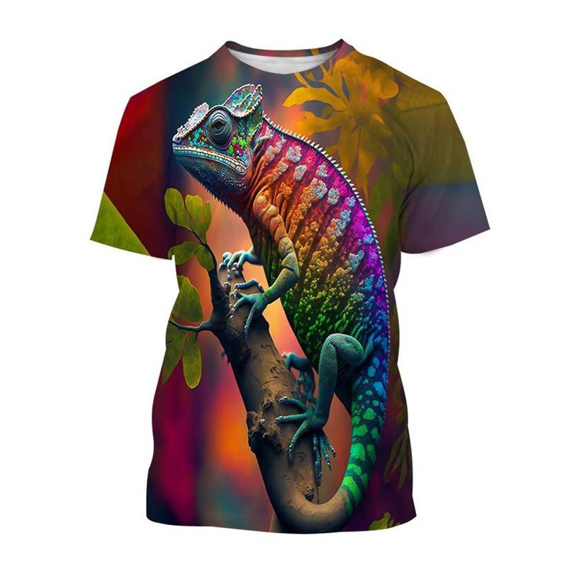 Animal Chameleon 3D Print T-shirt Men Reptile Iguana Round Neck Short-sleeved Lizard Pattern Tees Fashion Casual Tops T Shirts