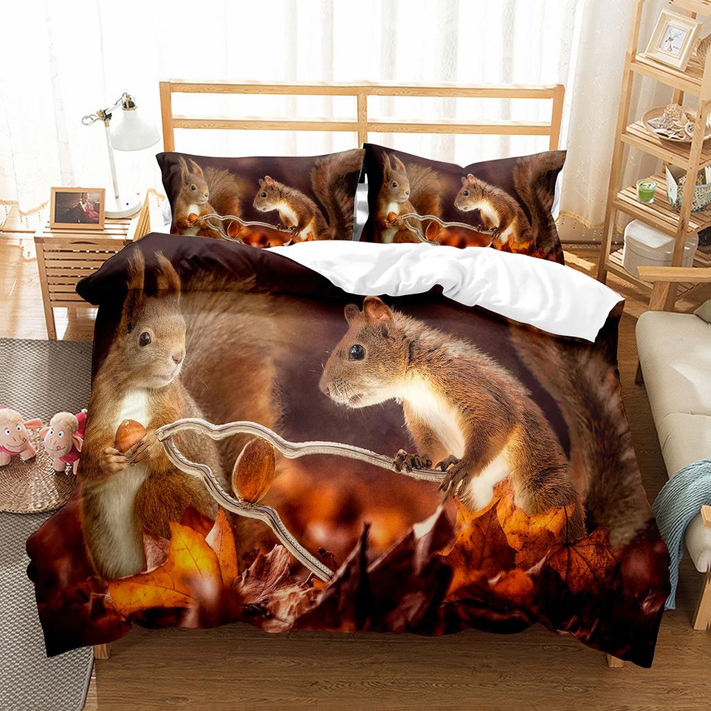 Squirrel Duvet Cover Set Cute Wild Animals Polyester Comforter Cover With Pillowcase For Kids Teen Bedroom Decor King Queen Size