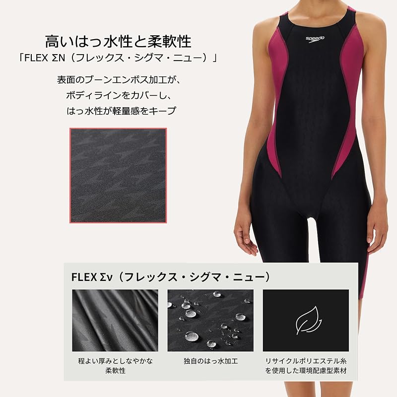 [Speedo] Flex Sigma New Semi-Open Back Kneeskin 2 Swimsuit, Black/Wild Cherry, Size L