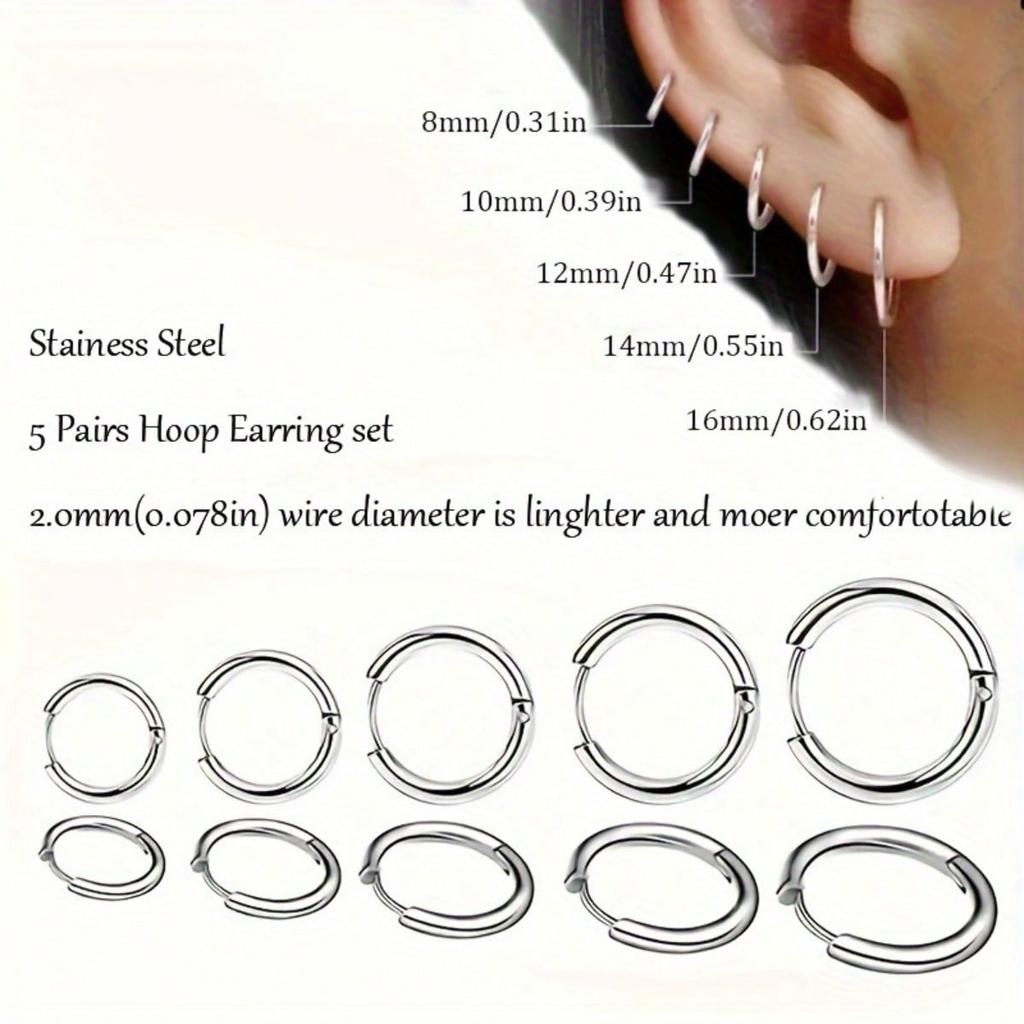 5 Pairs/set of Stainless Steel Earrings - Fashionable and Lightweight Unisex Earrings | Comfortable and Minimalist Style