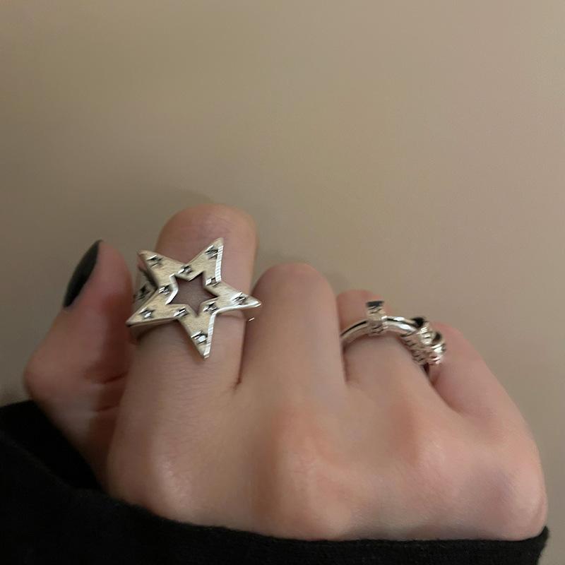 Y2K Style Crystal Pentagonal Star Ring for Women Romantic Moon Hollowed Out Star Personality Metal Finger Rings Fashion Jewelry
