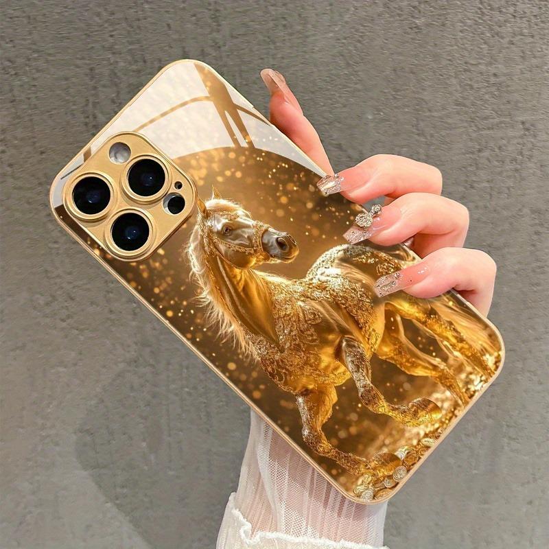 Fashion Golden Horse Pattern Gold Metallic Paint Glass Phone Case For iPhone 17 16 15 14 13 12 11 Pro Max Plus 17 Air 16E Cover