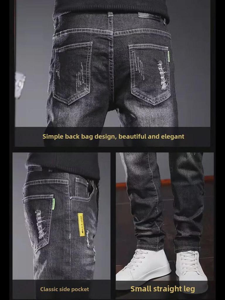 Pánské černé slim-fit roztrhané džíny - Trendy korejský styl pro jaro a podzim