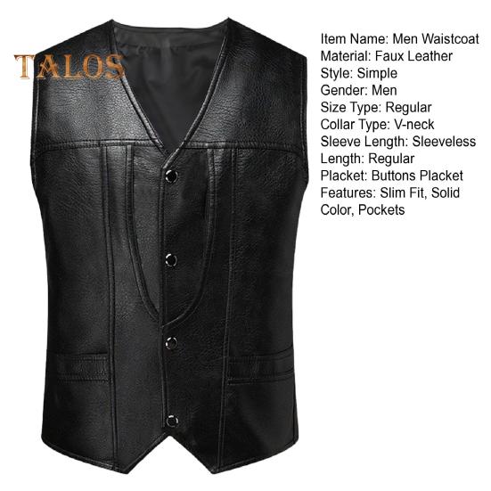 Pánská vesta z umělé kůže s výstřihem do V bez rukávů Slim Fit Jednořadá vesta Kabát s kapsami Jednobarevná vesta