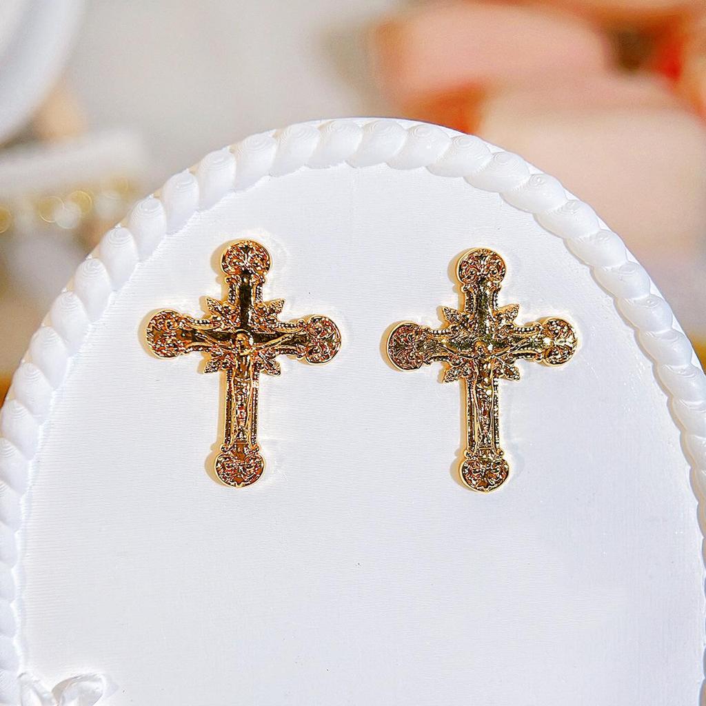 Ethnic Faith Cross Pendant Necklace & Earrings Set - Gold Plated Studs, Hip Hop Style Copper Jewelry