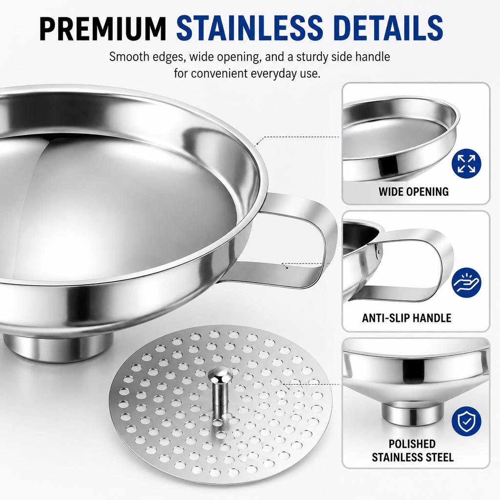 2/3 Pack Kitchen Canning Funnels Set with Strainer Stainless Steel Wide Mouth Canning Funnels for Filling Bottle Mason Jars