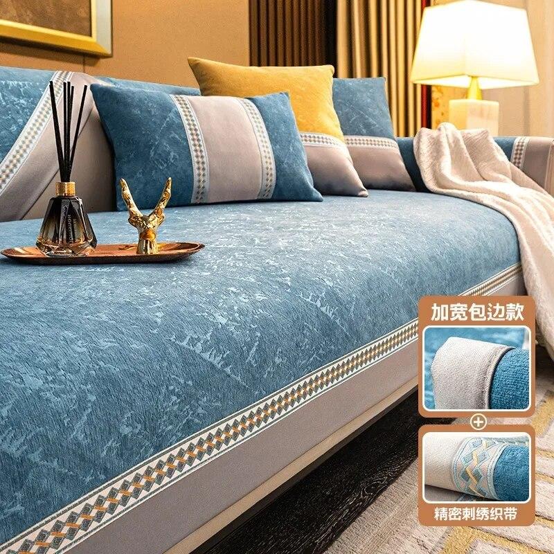 Modern Splicing Sofa Cover Solid Color Luxury Chenille Non-slip Sofa Cushion Four Seasons Universal Cover Anti Cat Scratch Mats