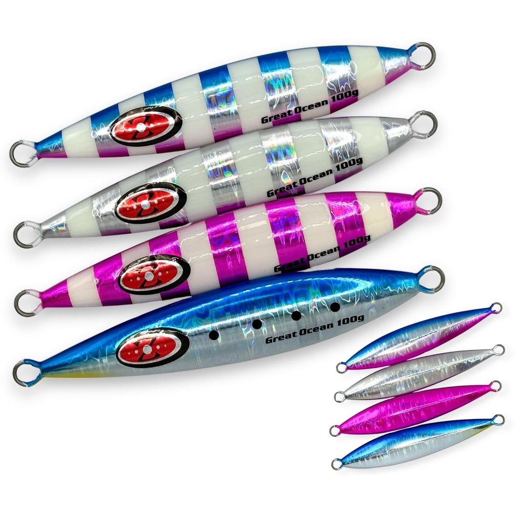 GreatOcean Metal Jig Slow Jig Set (100g, Set of 4) - Glow-in-the-Dark for Offshore Fishing - Hairtail, Bluefish, and Rockfish