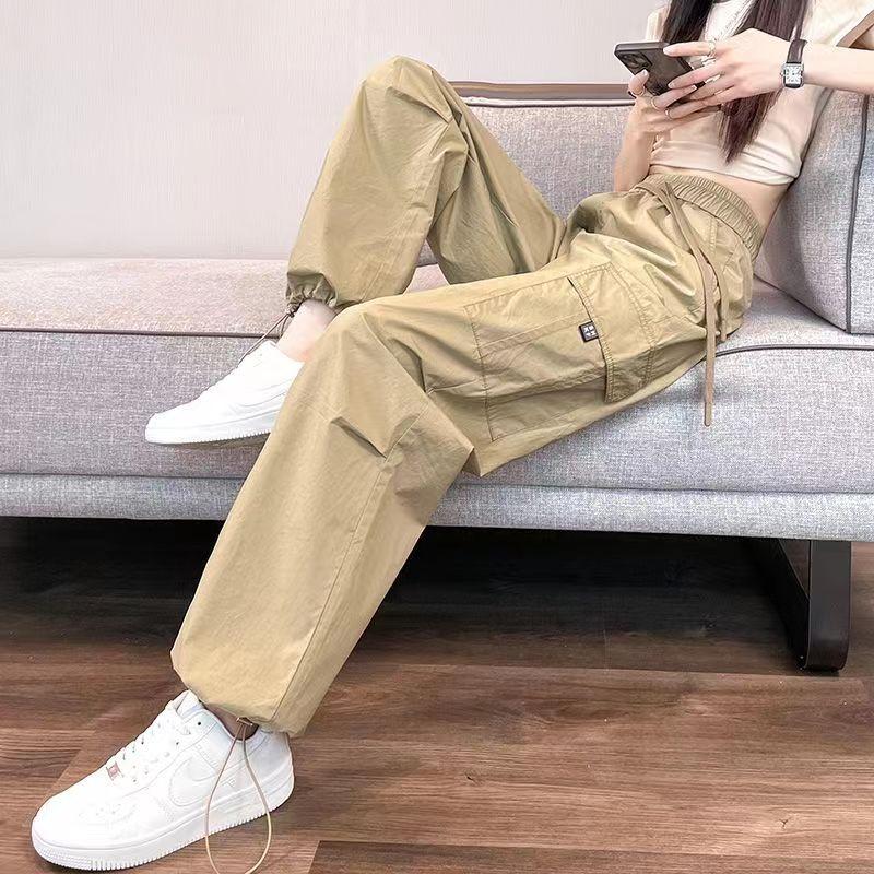 Fashion Women Joggers Pants Casual Female Chic Straight Cargo Pants Elastic High Waist Streetwear Slim Trousers Summer Thin