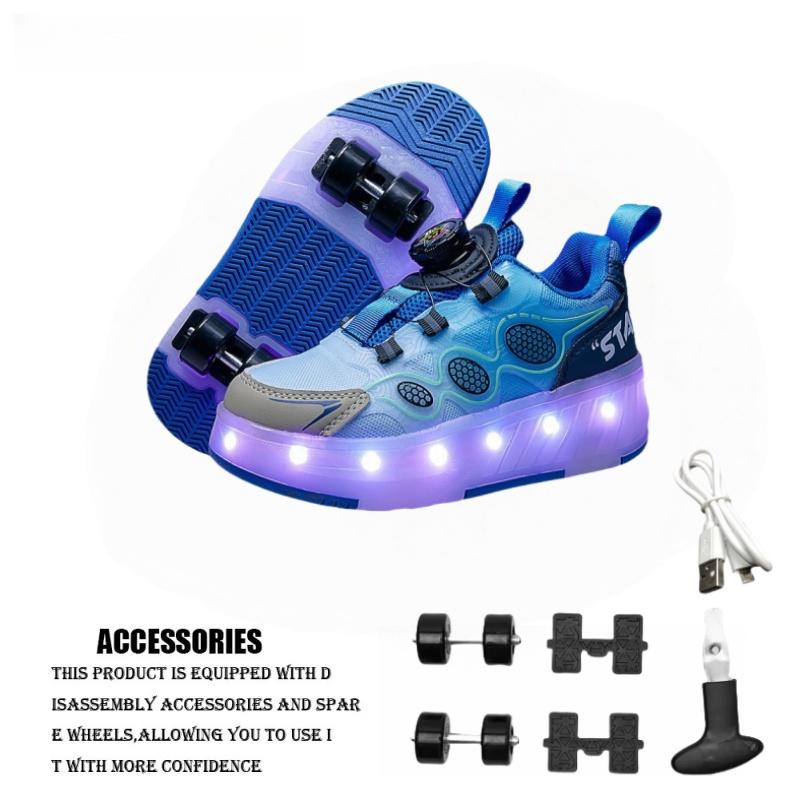 Children Roller Skating Shoes Anti-collision Durable Walking Shoes LED Lights USB Charging Four-wheel Skate Shoes for Kids