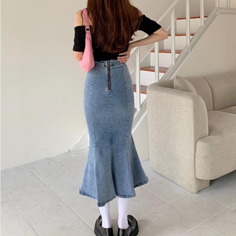 Denim Schlitz Langen Rock Frauen Koreanische Mode Vintage Hohe Taille Bodycon Rüschen Meerjungfrau Midi Rock Elegante Chic Sommer
