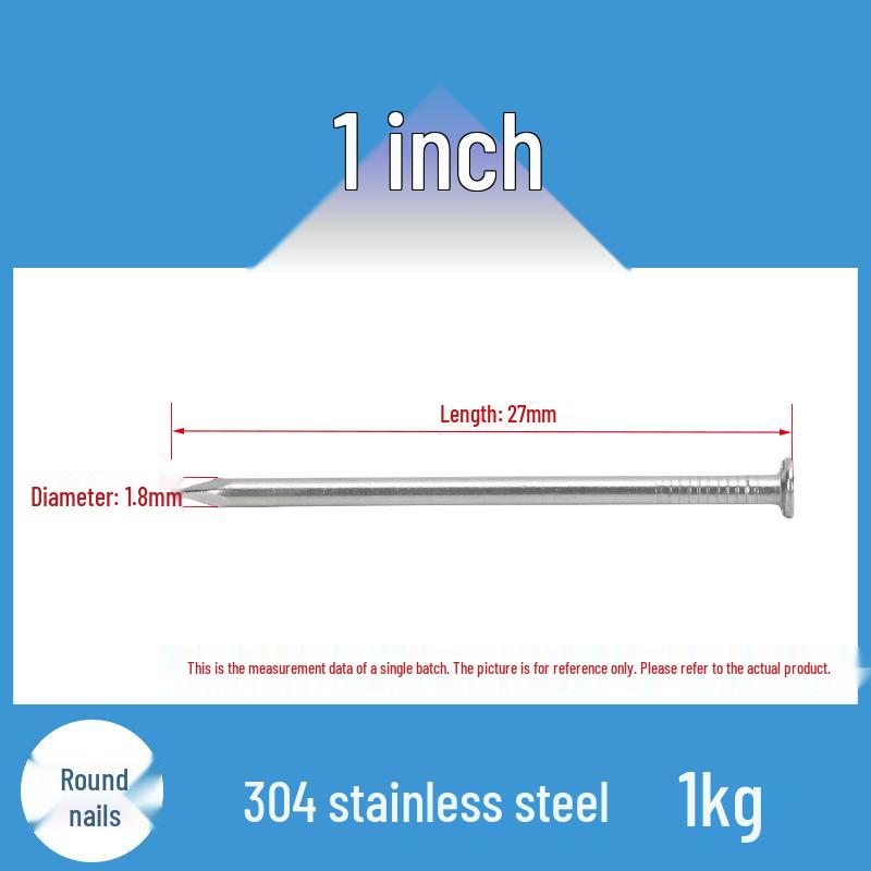 304 Stainless Steel Round Head Carpenter Nails - Available in 5/8, 1, 2, 3, 4, 5, and 6 inch sizes.