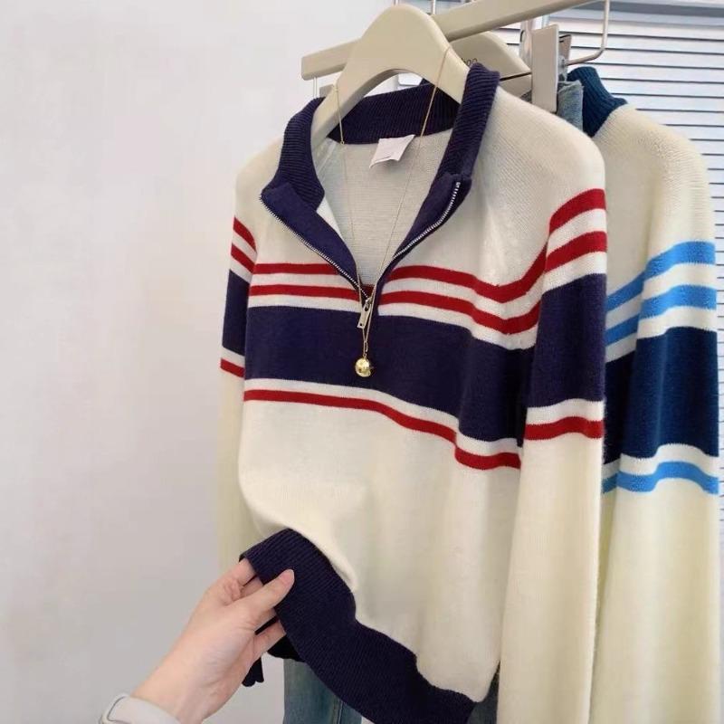 Pre-fall half-zip stand-up collar striped long sleeve knit for women's new high-end cropped top design sense