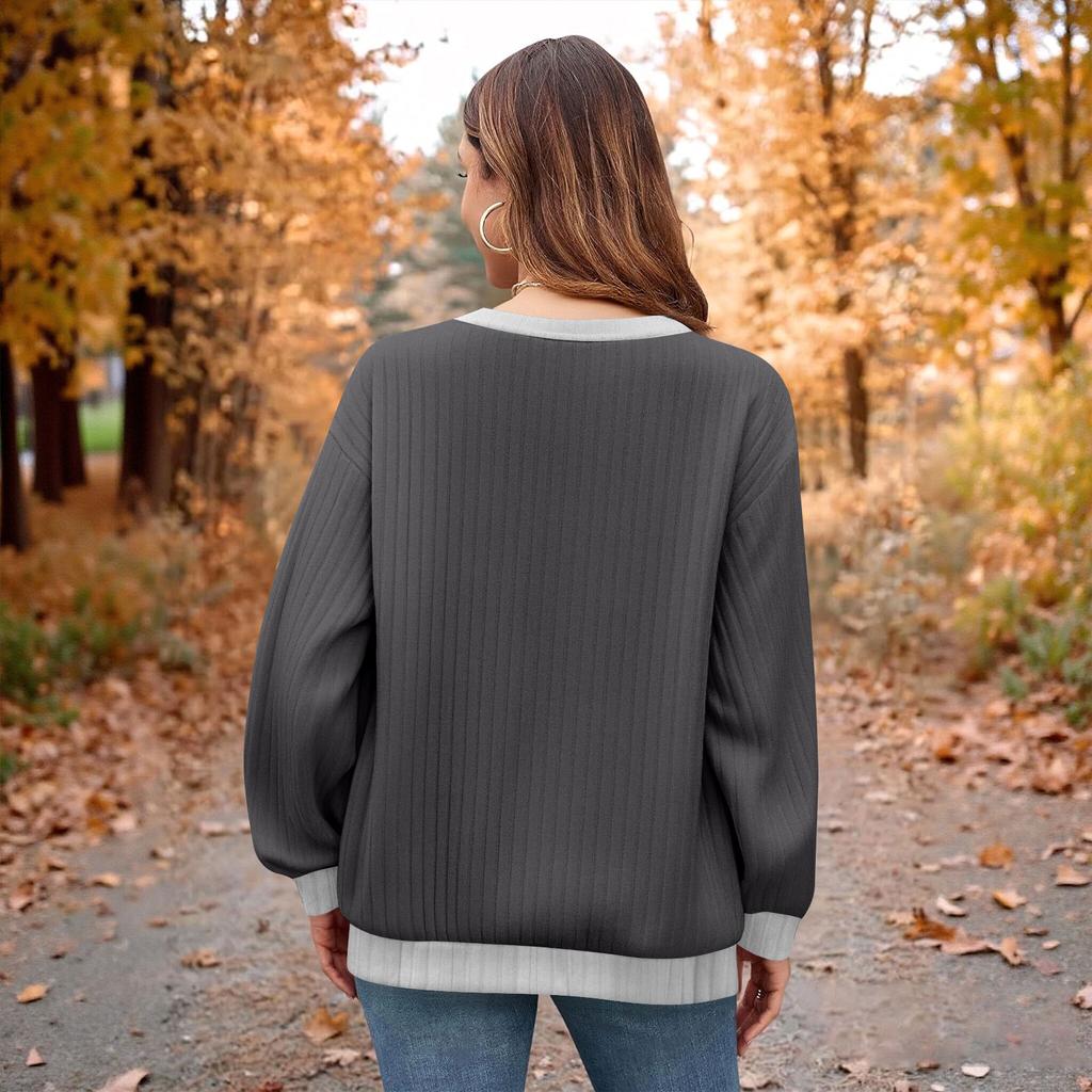 Women's Winter Color-Block Printed Lightweight Brushed-Cotton Round Neck Top