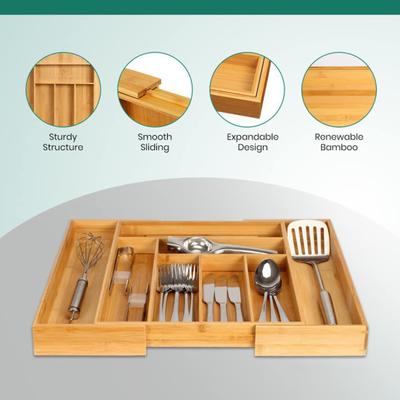Bamboo Adjustable Cutlery Tray Storage Rack Neat Elegant Kitchen Drawer Organizer Home
