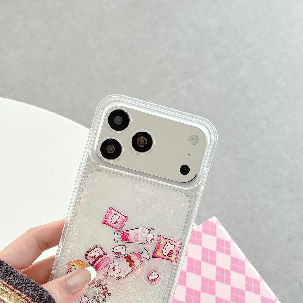 Cute Cartoon Sanrio Hello Kitty Bling Glitter Liquid Quicksand Phone Case For iPhone 17 16 15 14 13 Pro Max Clear Hard Cover