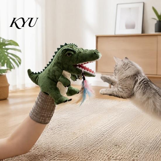 Multi Sensory Cat Stimulation Toy Wrestling Glove with Arm Sleeve, Dinosaur Interactive Toy, Puppet Realistic Hand Bite Proof Protective 2 Feather