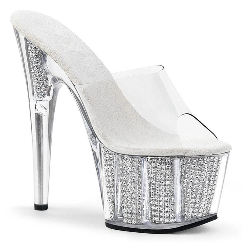 Transparent high-heeled sandals fairy wind fine-heeled crystal-heeled cool slippers 2025 summer new black one-word strap