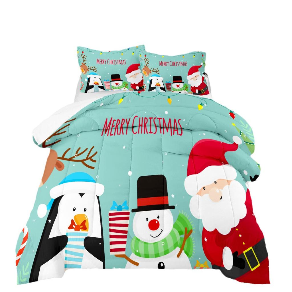 Quilt Fat Quilt 3d Digital Printing Christmas Feather Silk Cotton Quilt Cover Three-piece Set