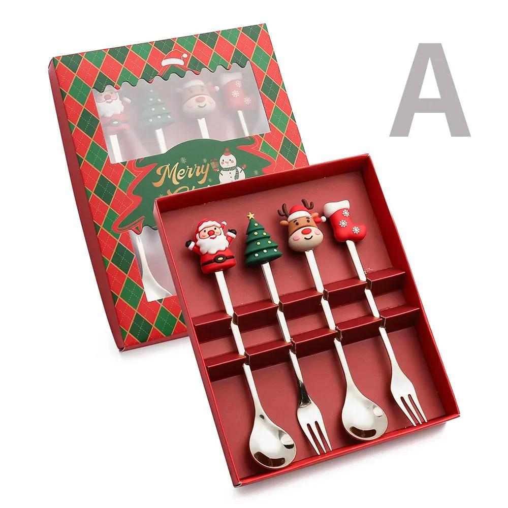 4pcs/Set Christmas Gift Glod Silver Spoon Fork Set Elk Christmas Tree Decoration Dessert Scoop Fruit Fork Coffee Spoon Cutlery