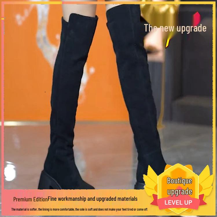 

Women s Chunky-Heeled Over-the-Knee Boots - Round-Toe, Elastic, Slimming, Thick-Soled, 2025 Fall/Winter Collection. 39