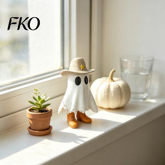Weiße Geisterdekoration Halloween Cowboy-Statue, Gruselige Harzfigurine, Westliche Tischdekoration Skulptur mit Stiefel und Hut für Kaminsims, Etagen