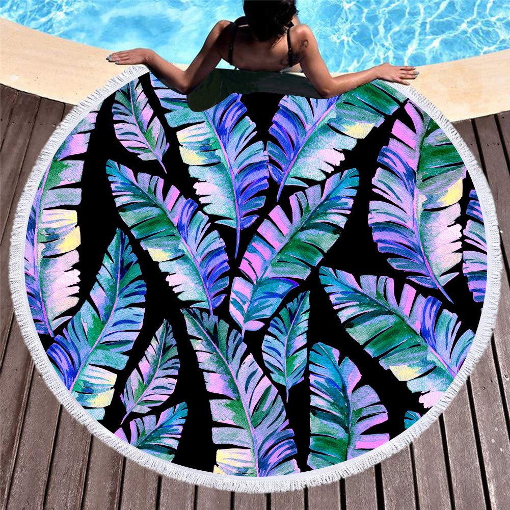 Telo Mare Rotondo Coperta Oversize Foglia di Palma Stile Tropicale Stampa Fenicottero Microfibra Grande Asciugamano Rotondo Picnic Asciugamano Assorbente