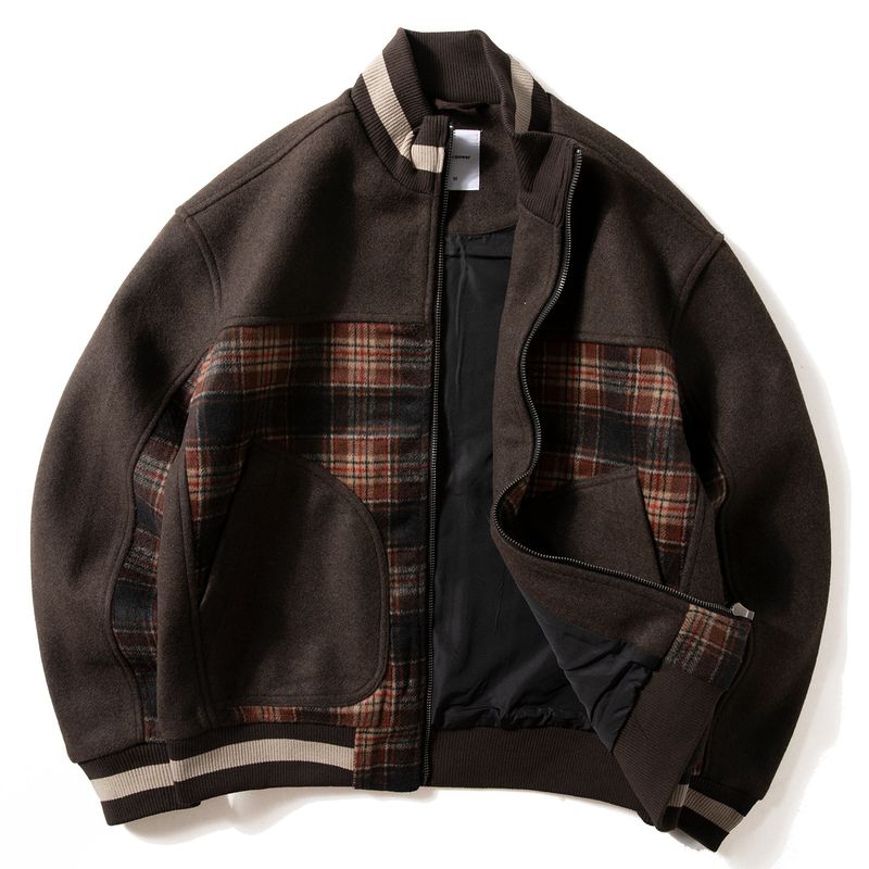 Retro Plaid Patchwork Stand-Collar Jacket for Men, Autumn and Winter Loose Casual Short Woolen Baseball Jacket Coffee XL