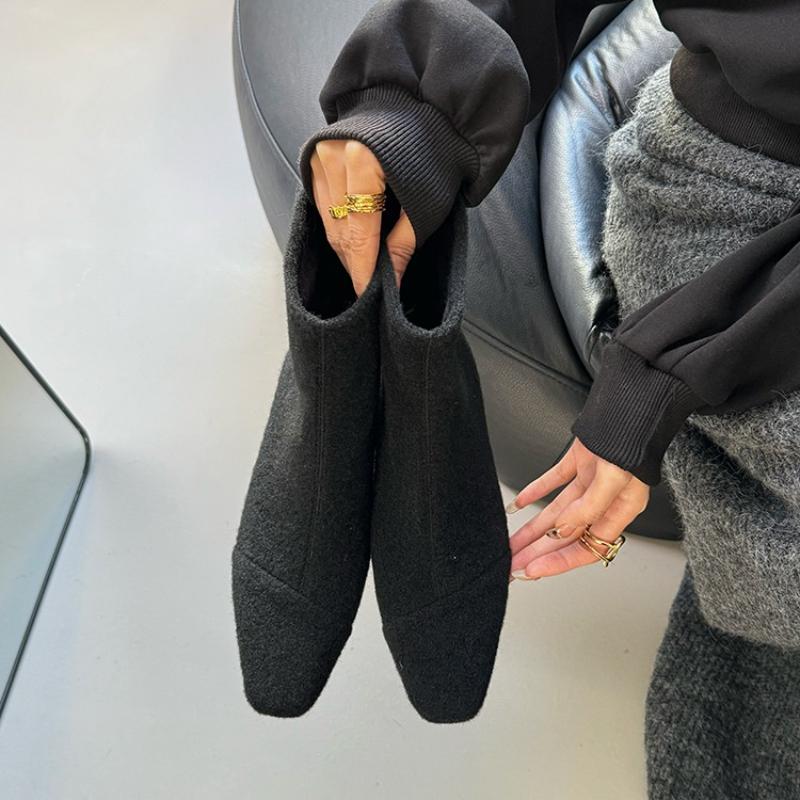 Vintage Wollstoff Damen Stiefeletten mit dickem Absatz Mode Tanzpartyschuhe Herbst Winter Damen Schlanke Kurze Stiefeletten