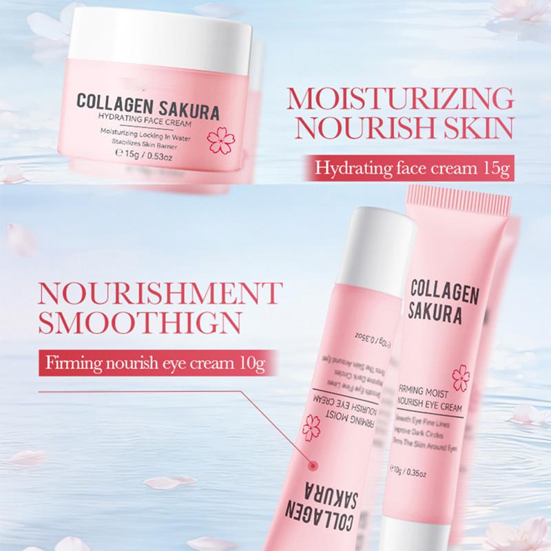 6-Piece Sakura Collagen Hydrating Travel Set - Cleanser, Toner, Lotion, Serum, Cream, Eye Cream for Smooth & Plump Skin