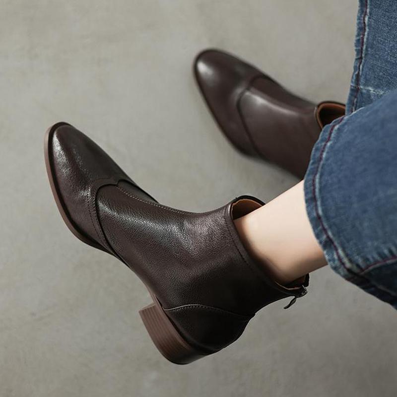 Krazing Pot Sheepskin Winter Round Toe Chelsea Boots Med Heels Zipper Carving Decoration Women Ankle Boots