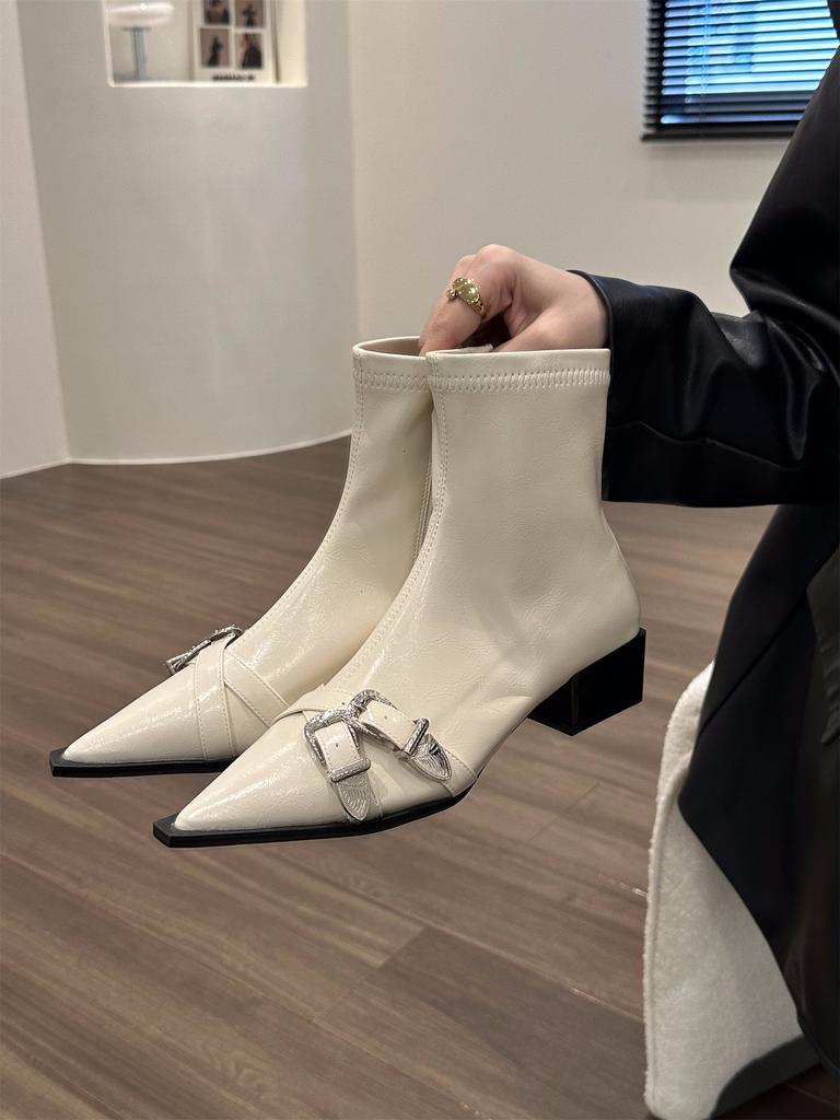 Thick Heel Pointed Temperament Thin French Small Short Boots Women's Shoes 2024 New Spring and Autumn Single Boots Black Martin Boots