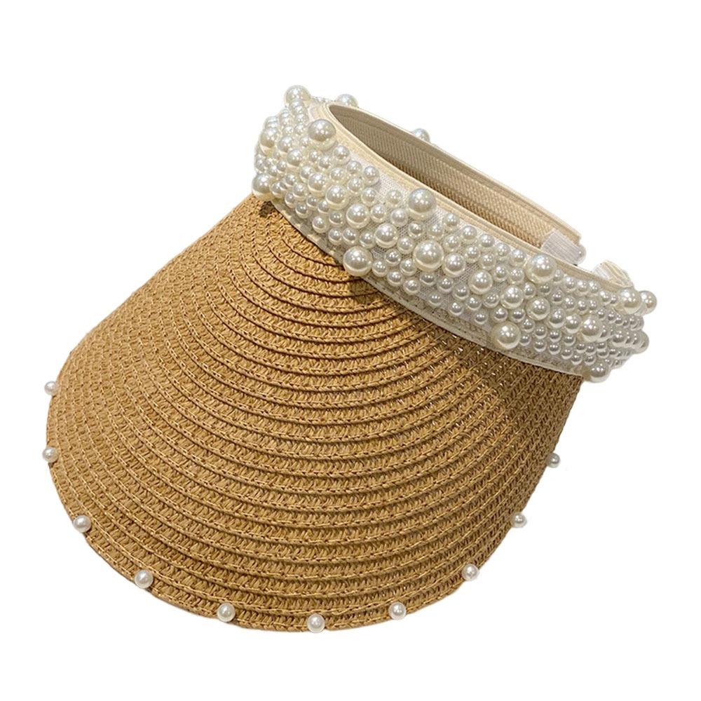 Wide Brim Sun Hat Pearl Decorated Straw Hat Imitation Pearl Beach Hat  UV Protection