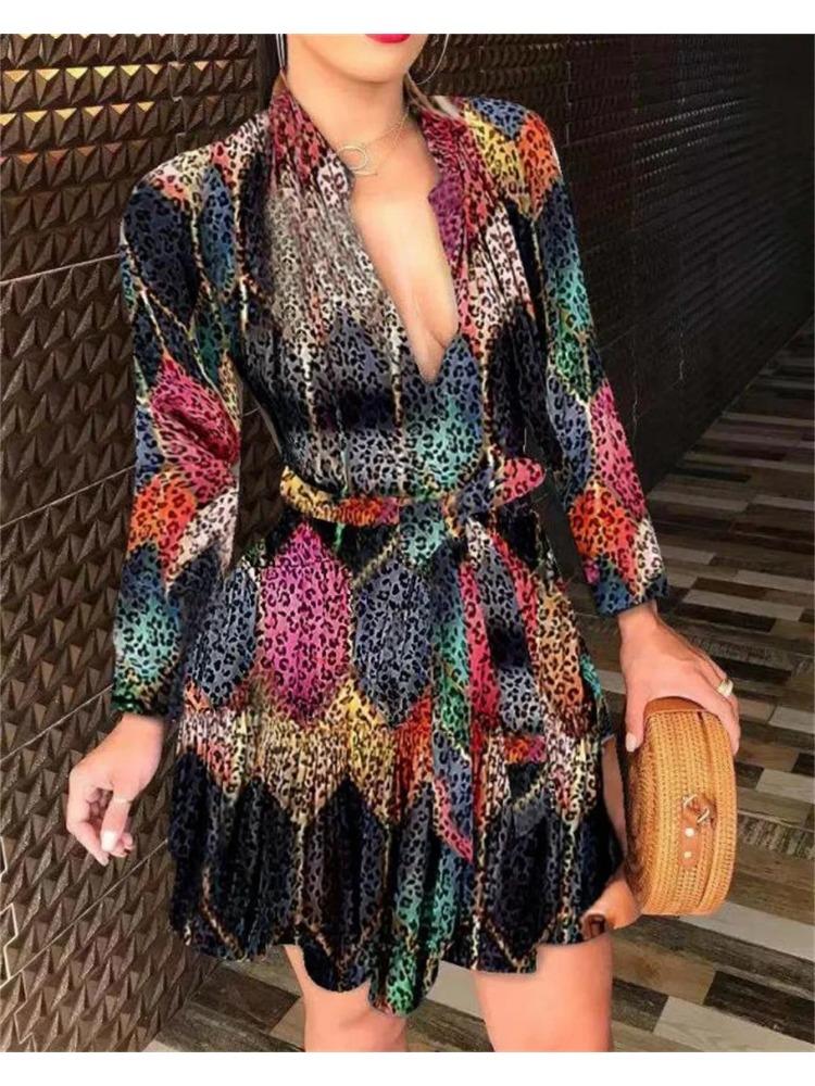 Summer New Women's Long Sleeve V-Neck Tied Fashionable Sexy Printed Dress