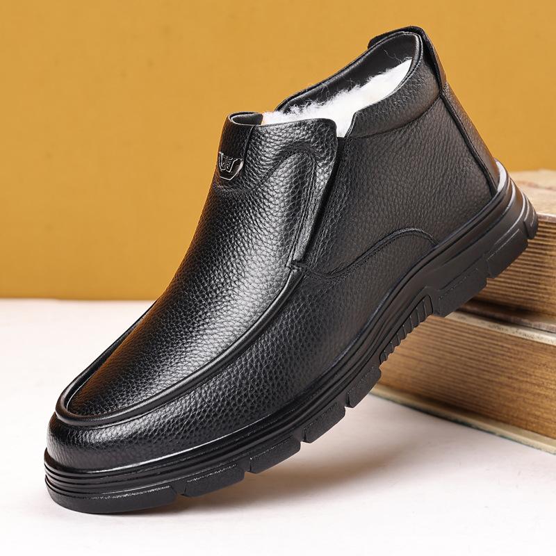 

Autumn and winter leather men s velvet thickened warm cotton shoes snow boots high-top middle-aged dad shoes non-slip men s shoes 44