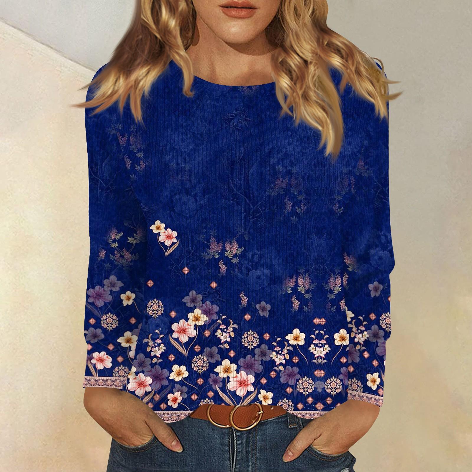 

Длинные рукава топы для женщин футболка повседневные принты топы футболка круглый вырез пуловер блузка XL