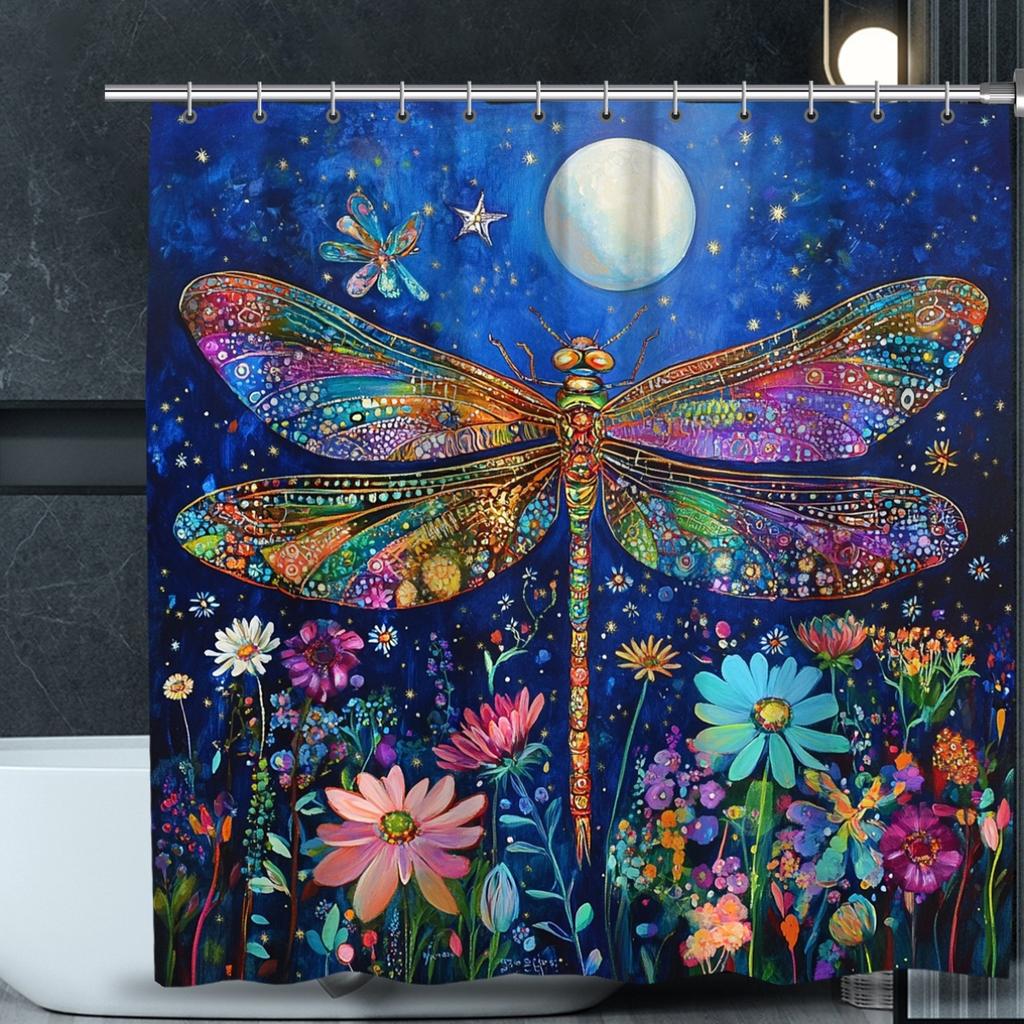 1 X Blue Dragonfly Shower Curtain, Stain Resistant Polyester Woven, Machine Washable, Hook Included, Waterproof Bathroom Decor